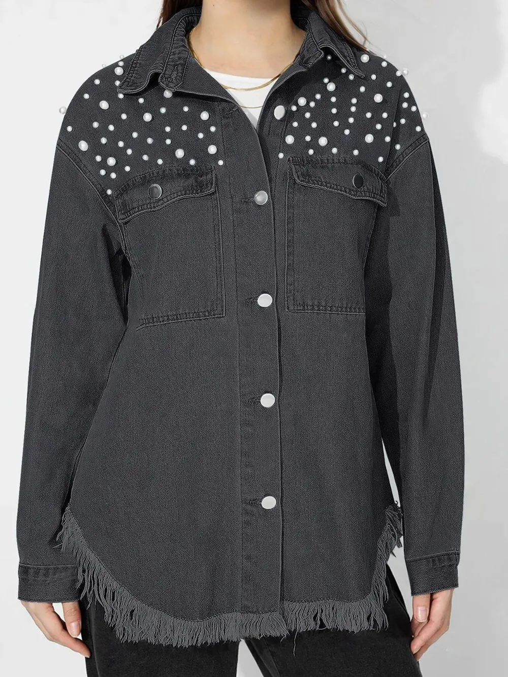 Raw Hem Pearl Trim Collared Neck Denim Top, image 14