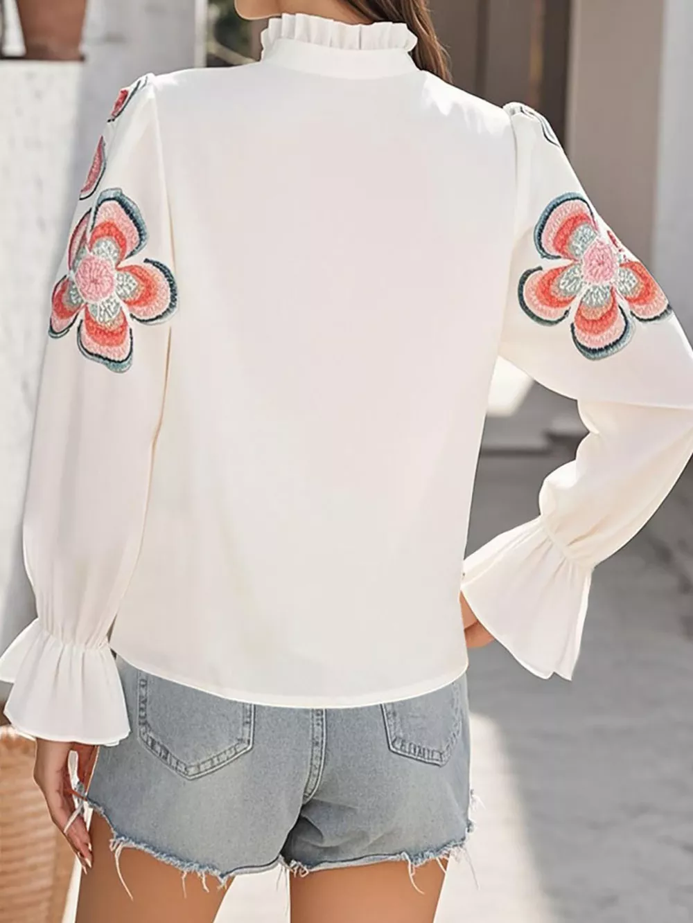 Floral Embroidered Notched Long Sleeve Blouse, image 10