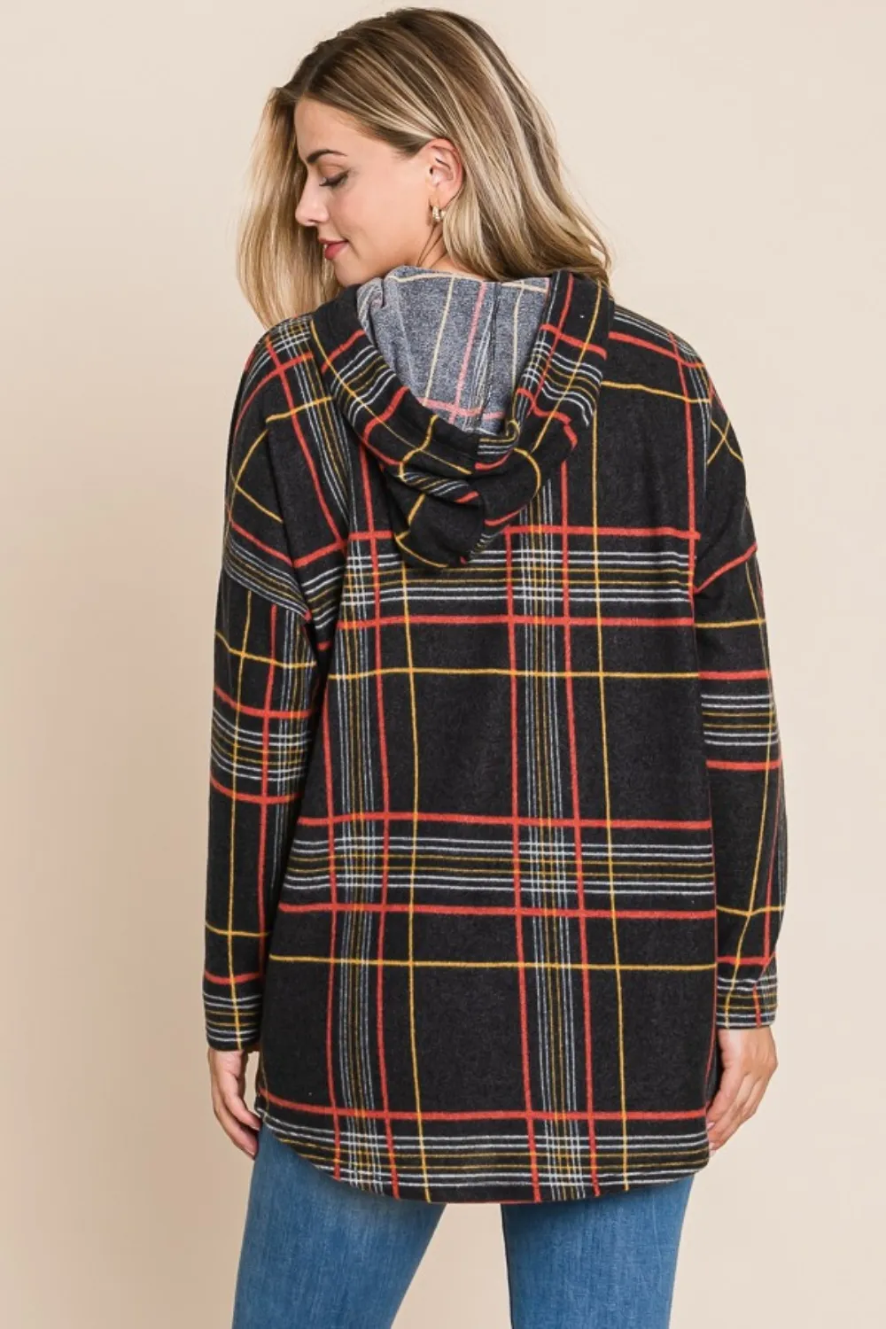 Drawstring Plaid Long Sleeve Hoodie, image 2