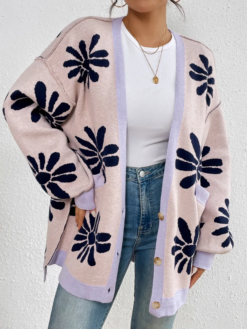Contrast Dropped Shoulder Long Sleeve Cardigan, image 2