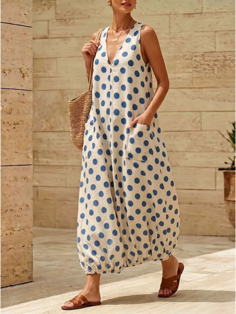 Polka Dot V-Neck Sleeveless Maxi Dress, image 3