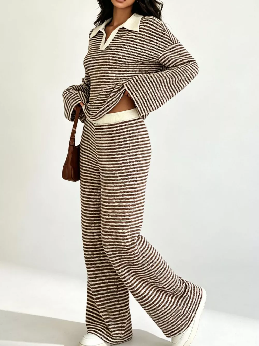 Striped Long Sleeve Polo and Wide-Leg Pants Set, image 20