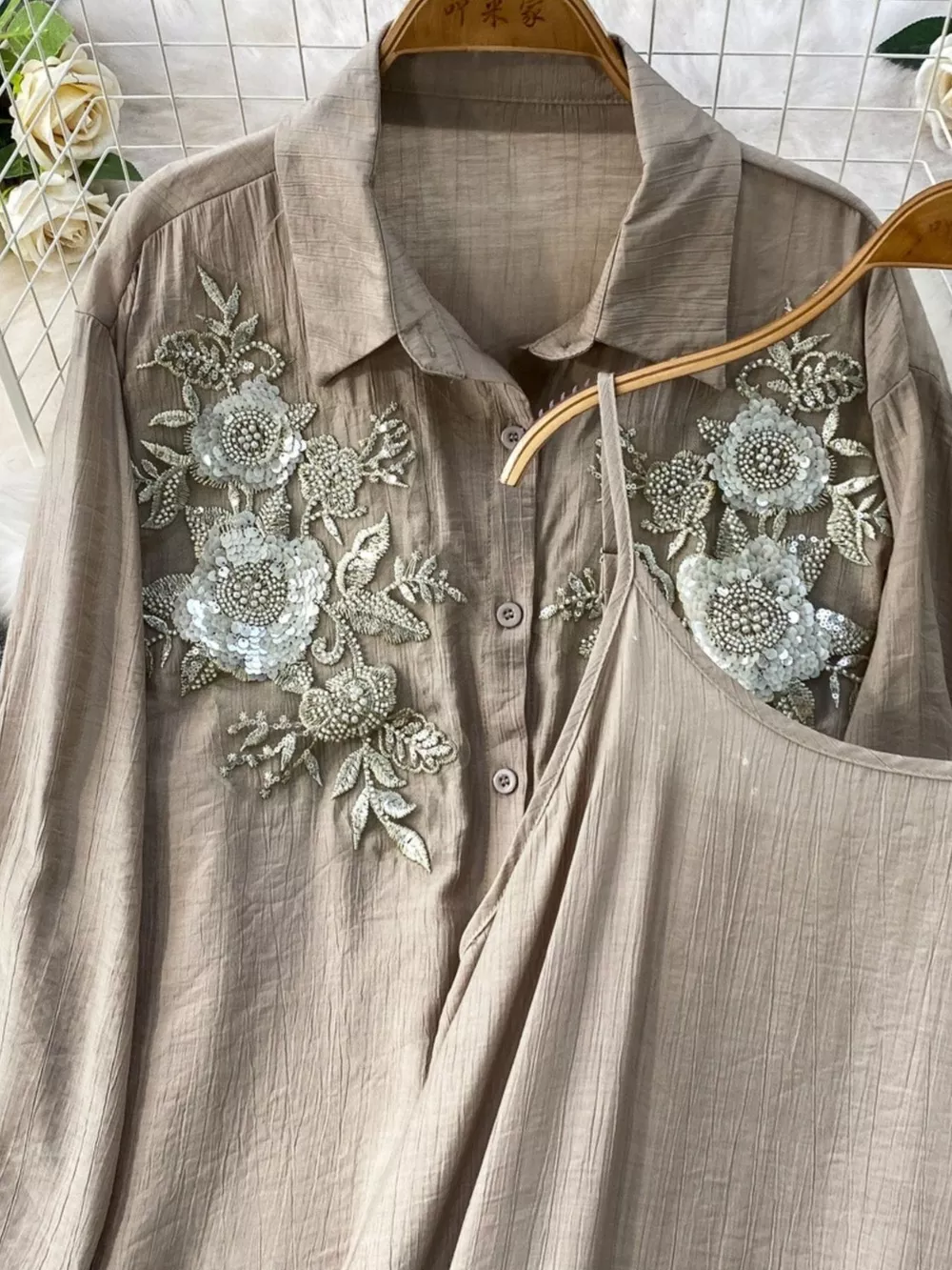 Sequin Flower Button Up Shirt and Cami Dress Set, image 8