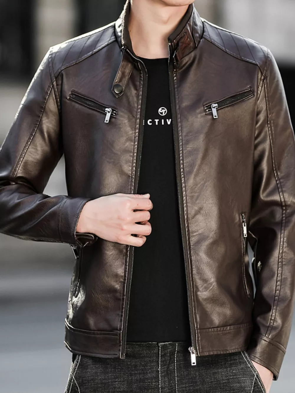 Men's Plus Size Zip Up Leather Jacket, image 5