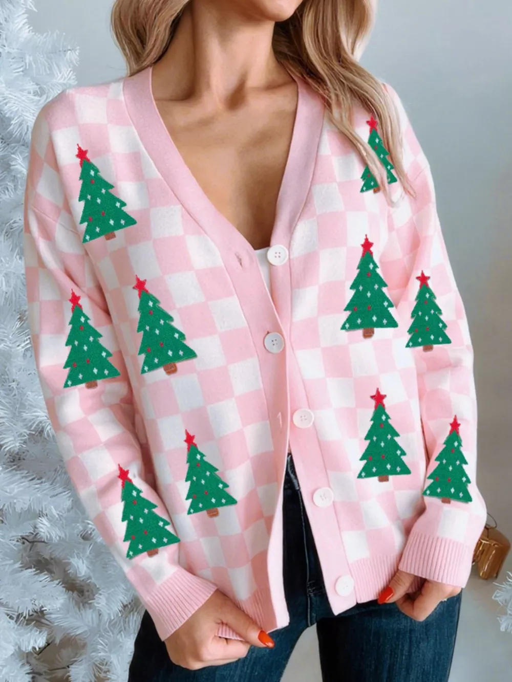 Christmas Tree Pattern Checkered Button V Neck Cardigan, image 5