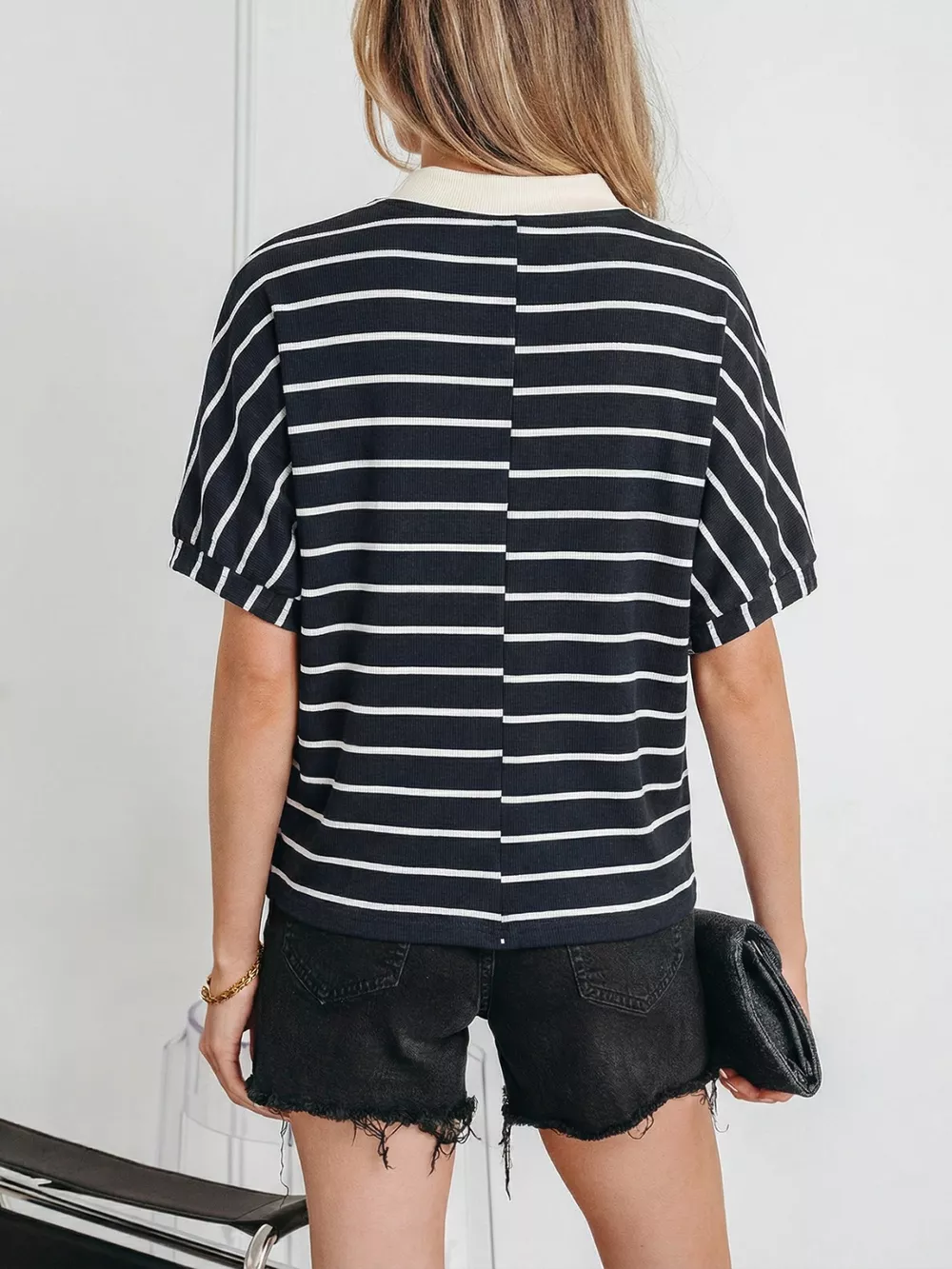 Stripe Stand Collar V Neck Elastic Cuffs Half Sleeve Dolman Top, image 4