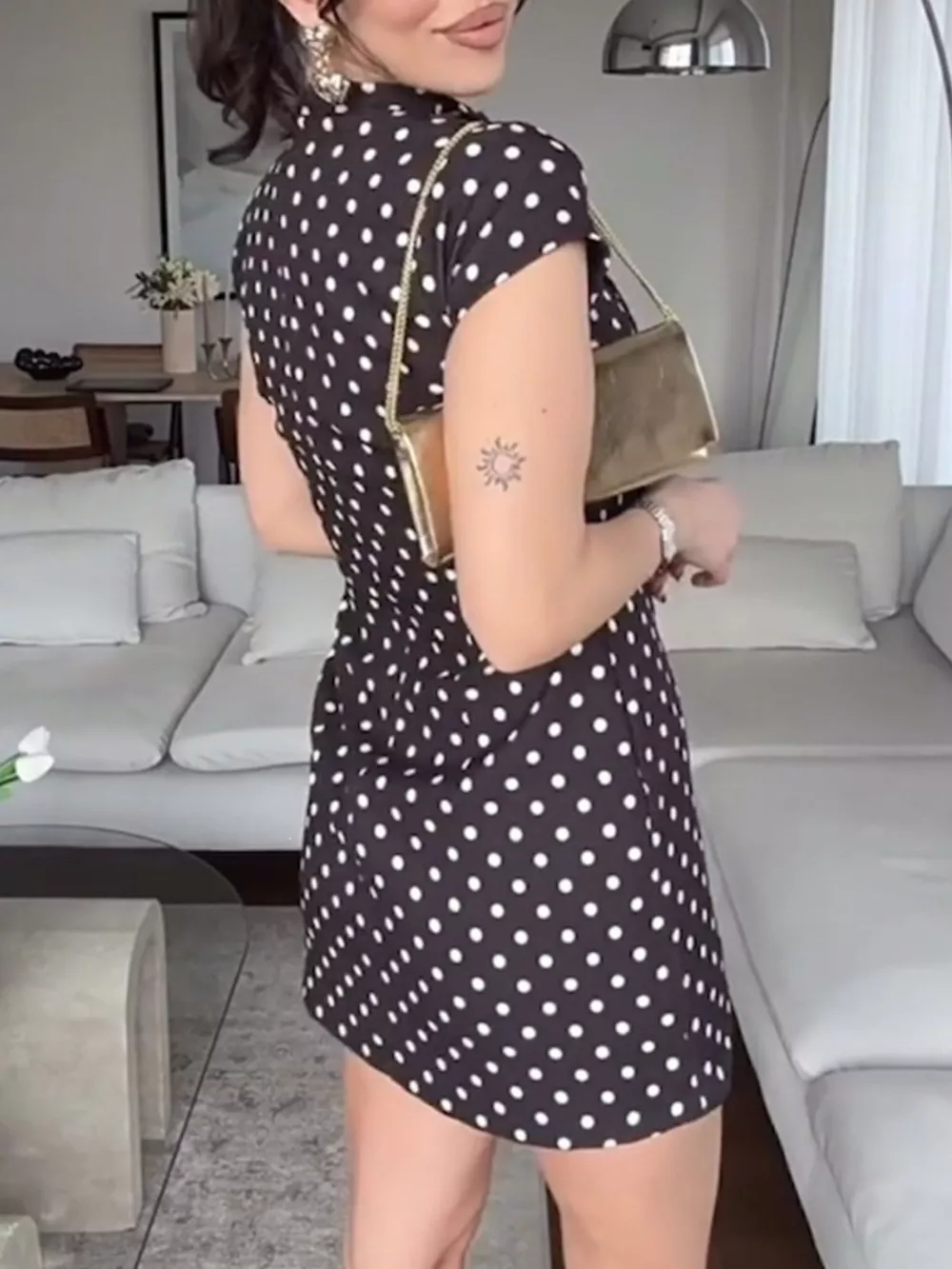 Full Size Polka Dot Tie-Neck Bodycon Mini Dress Plus Size, image 5