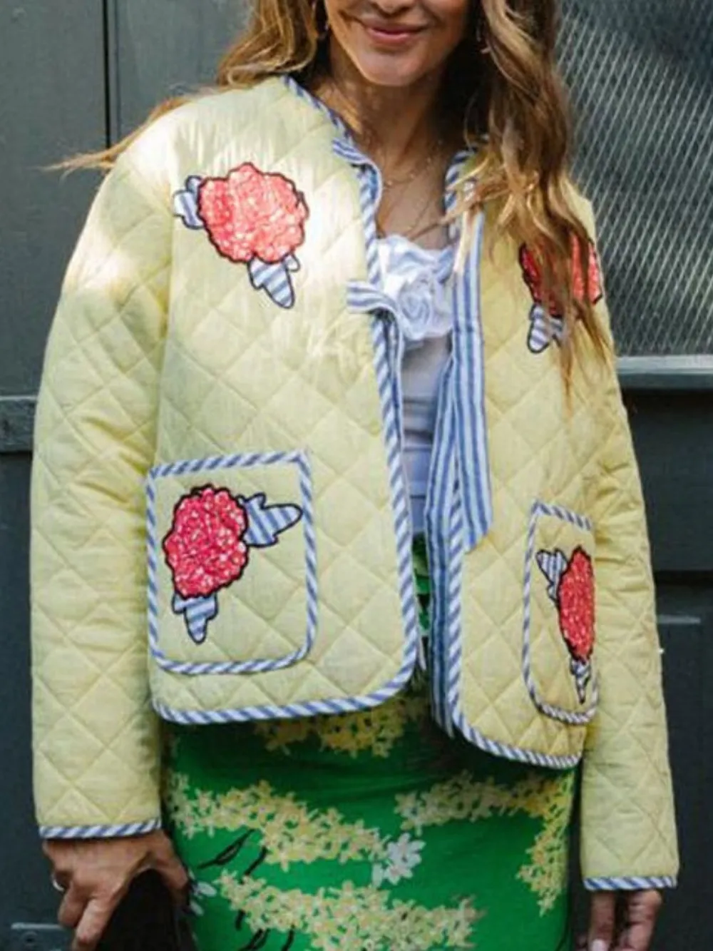 Embroidered Flower Tied Long Sleeve Winter Coat, image 3