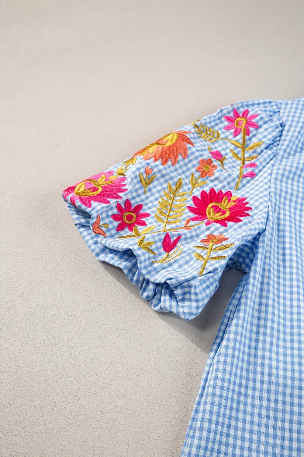 Embroidered Plaid Round Neck Short Sleeve Blouse, image 8