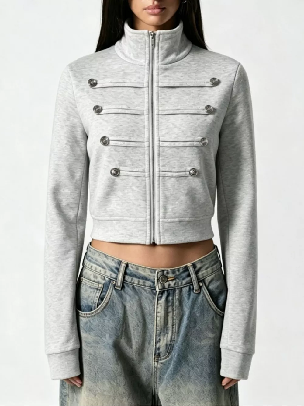 Cropped Zip-Up Outerwear with Decorative Buttons