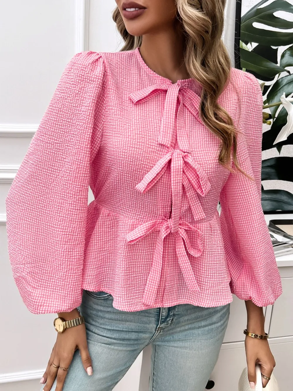 Tied Round Neck Long Sleeve Blouse, image 12
