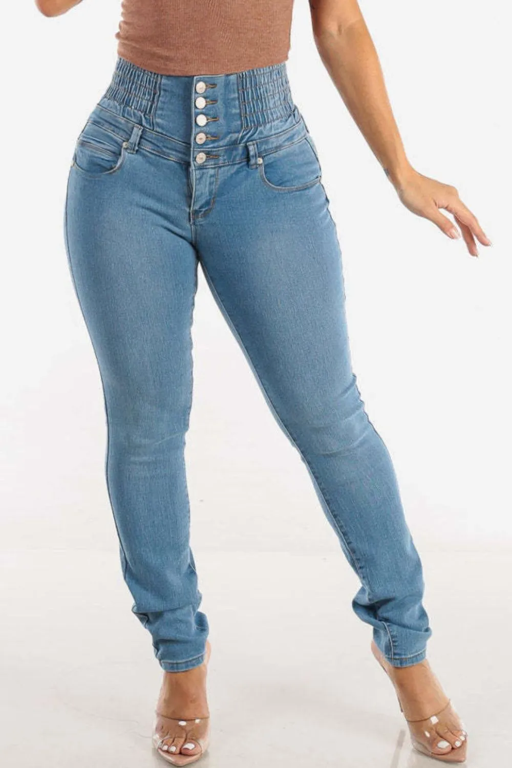 High Waist Buttoned Skinny Hip Lifting Jeans, image 2