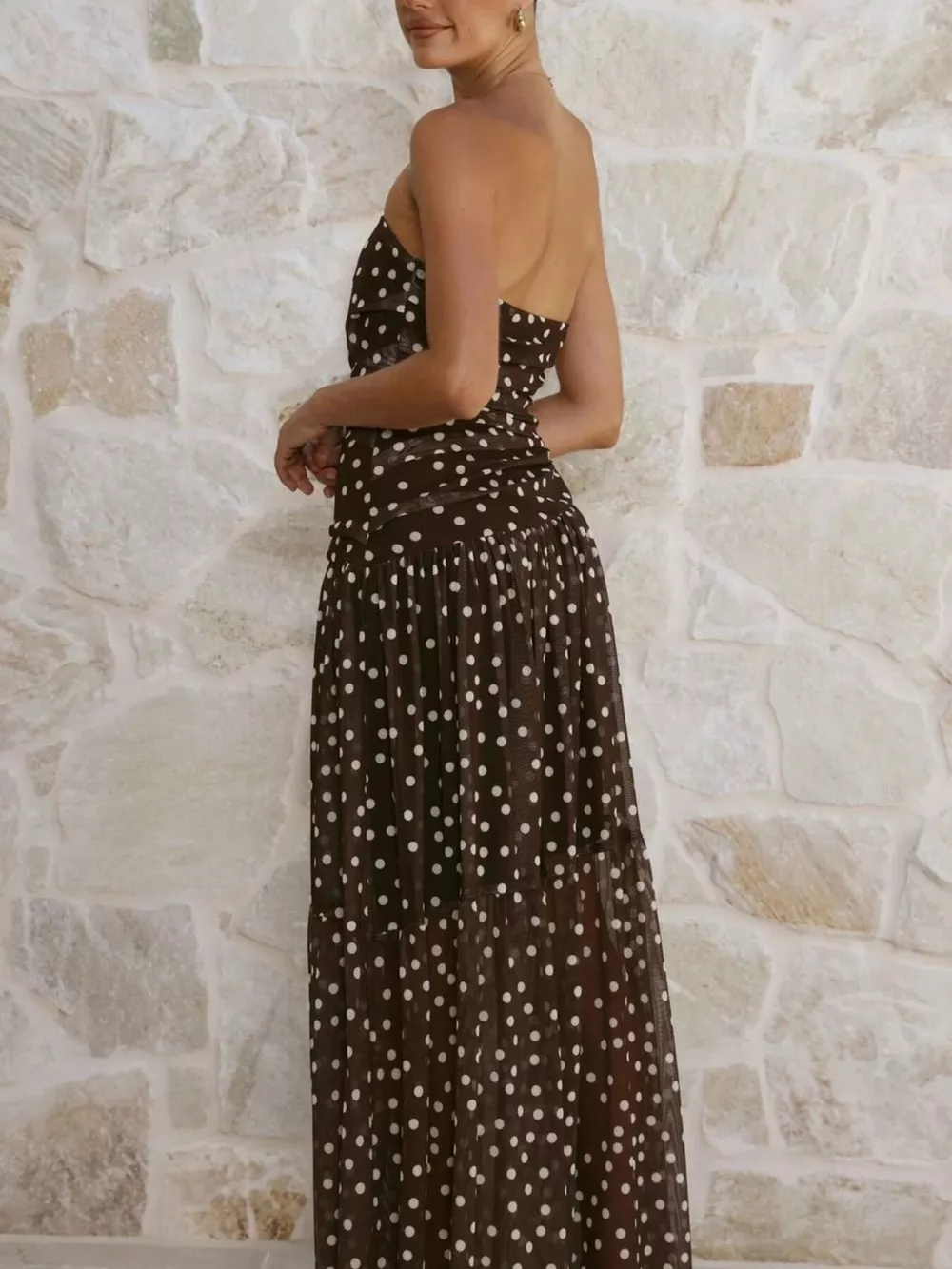 Polka Dot Strapless Ruched Maxi Dress, image 13
