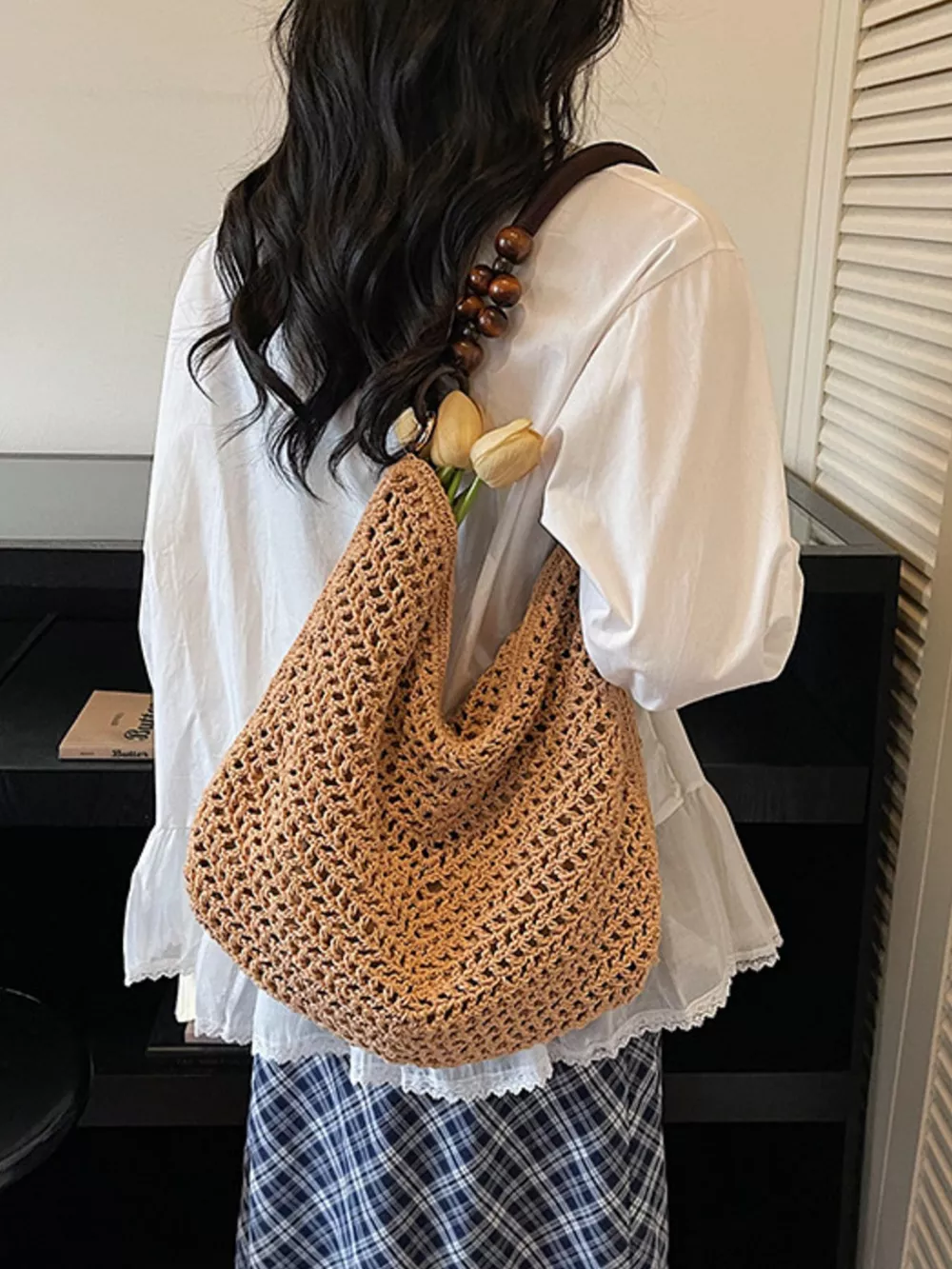 Knitted Shoulder Bag with Wooden Bead Handle, image 9