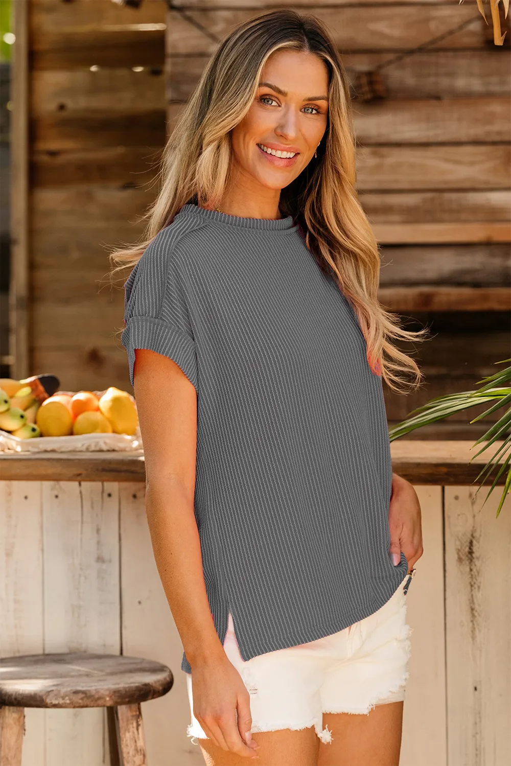 Exposed Seam Round Neck Short Sleeve T-Shirt, image 10