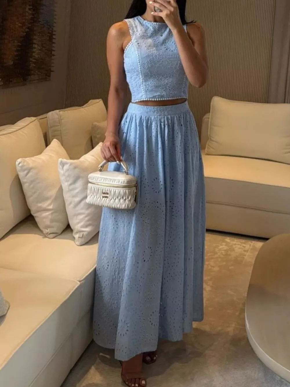 Eyelet Crop Top and Maxi Skirt Set, image 2