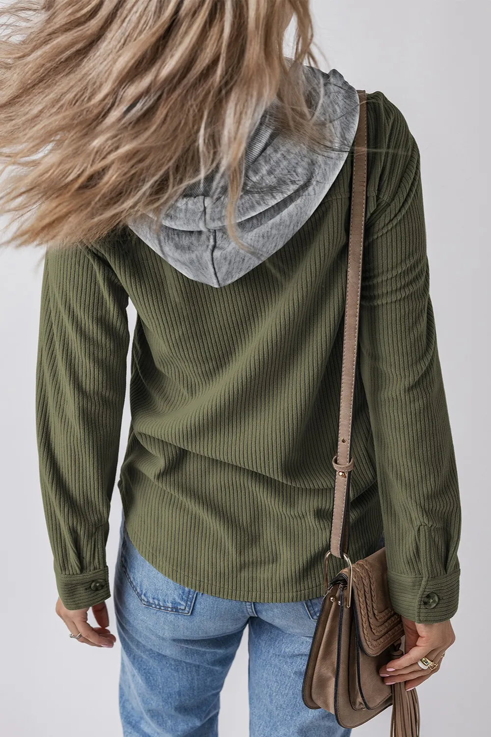 Drawstring Button Up Long Sleeve Hooded Jacket, image 12