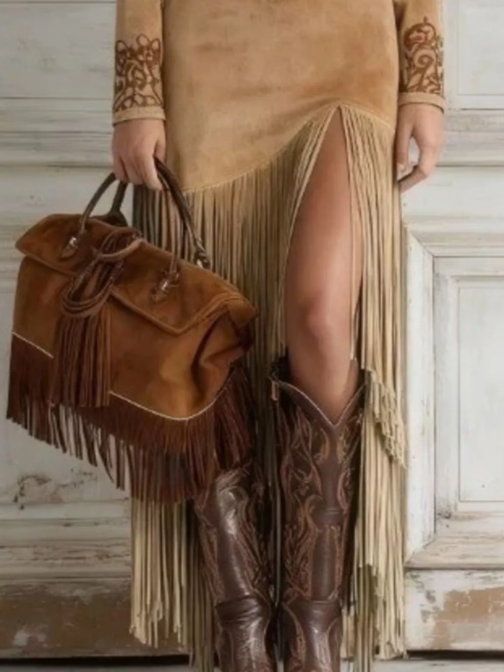 Full Size Western-Inspired Suede Fringed Maxi Dress with Embroidered Detailing Plus Size, image 3