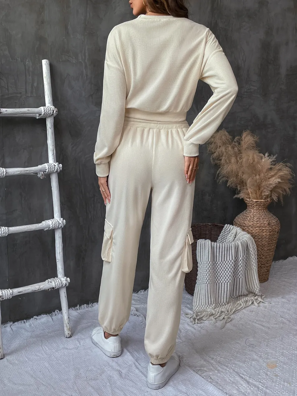 Round Neck Long Sleeve Top and Pants Set, image 2