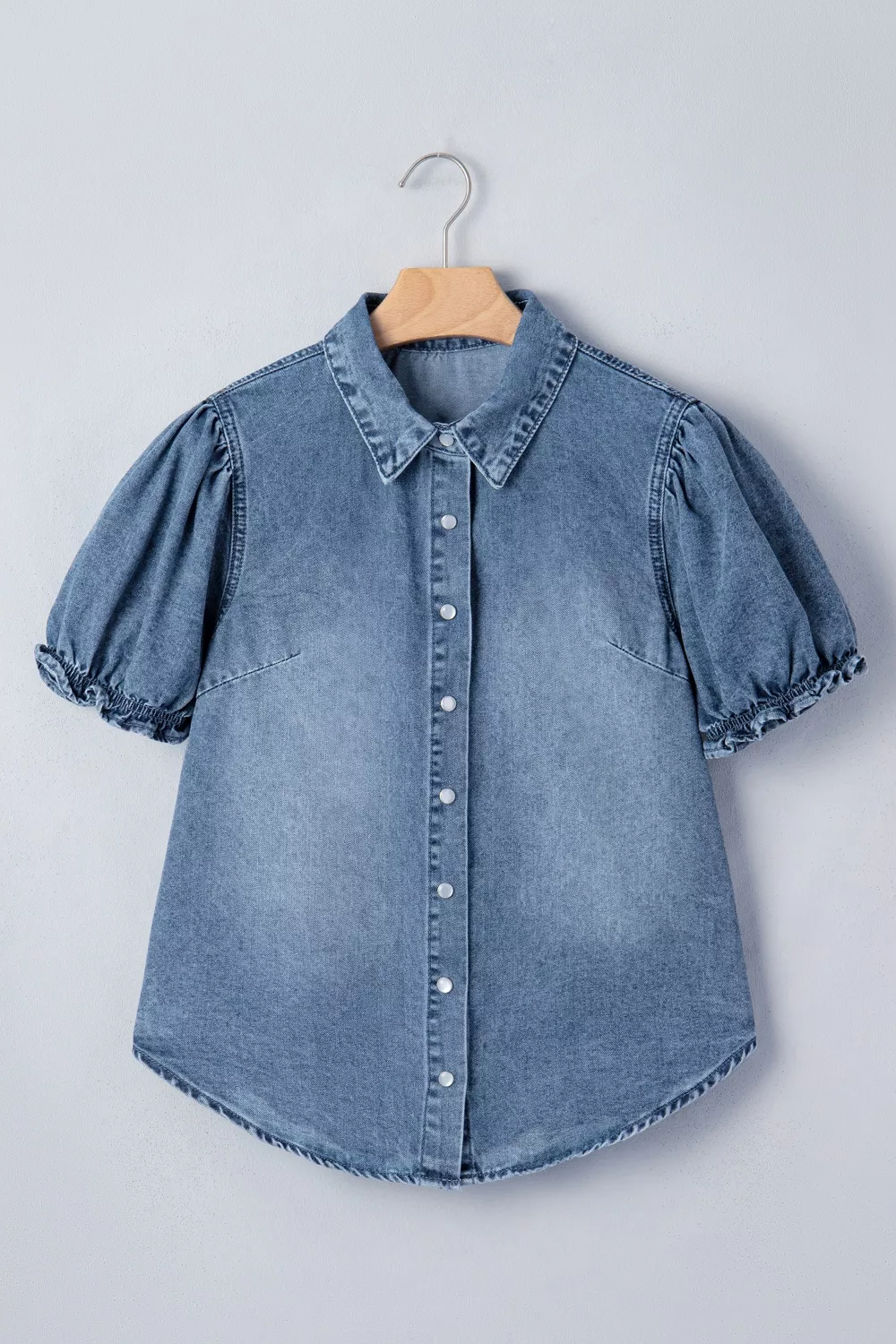 Frilled Short Sleeve Snap Button Denim Shirt, image 4