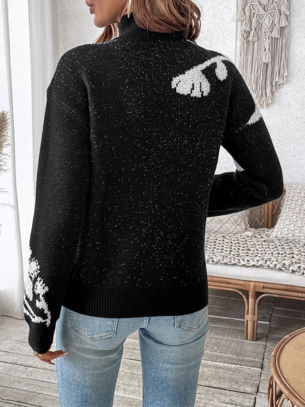 Flower Mock Neck Long Sleeve Sweater, image 6