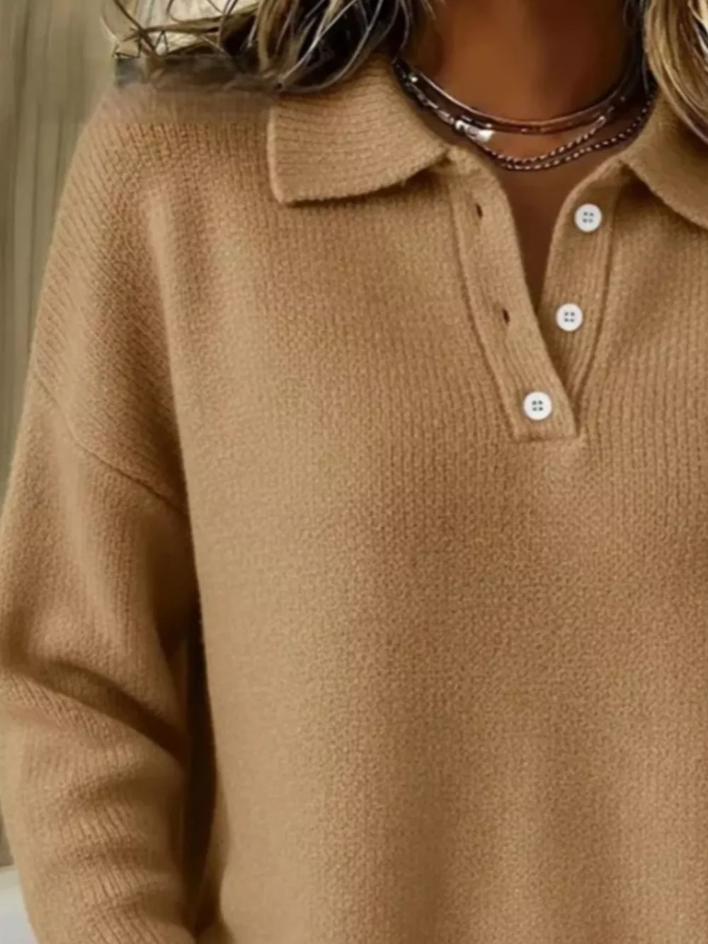 Full Size Half Button Collar Drop Shoulder Sweater Plus Size, image 5
