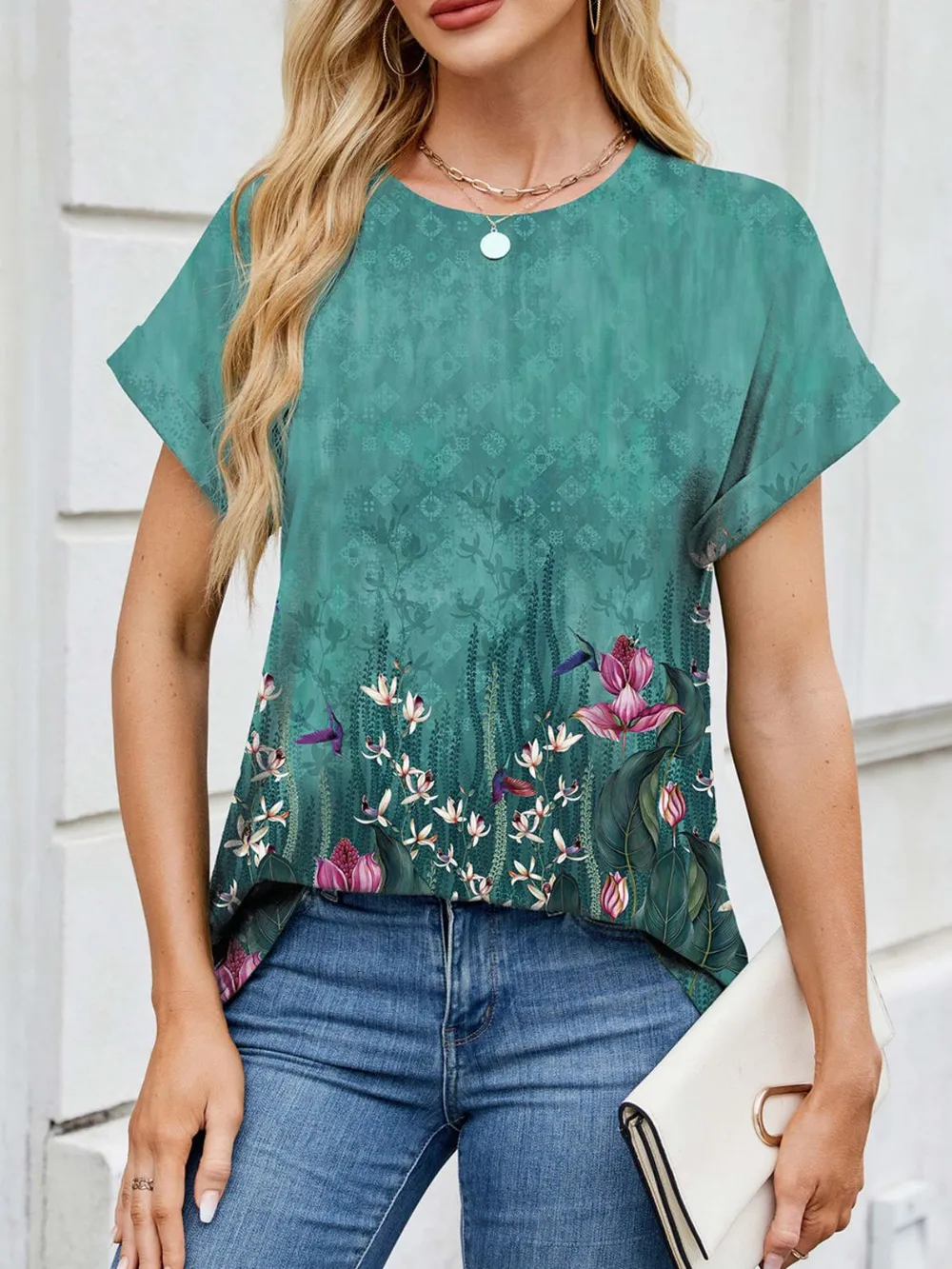Printed Round Neck Short Sleeve Top, image 15