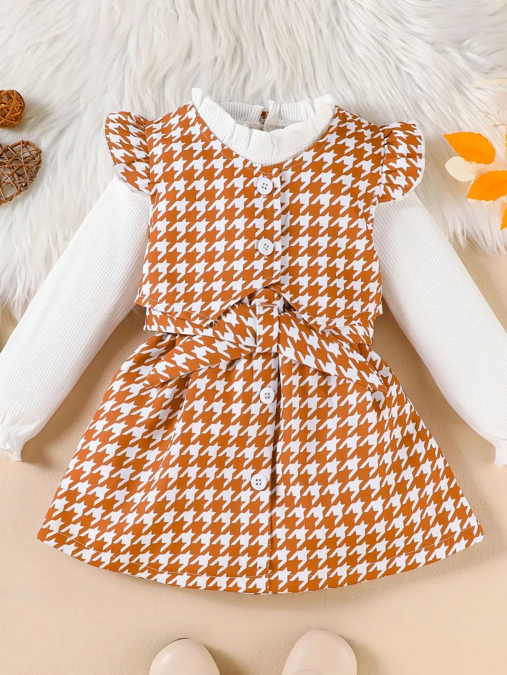 Children's Long Sleeve Top & Houndstooth Vest & Skirt Set