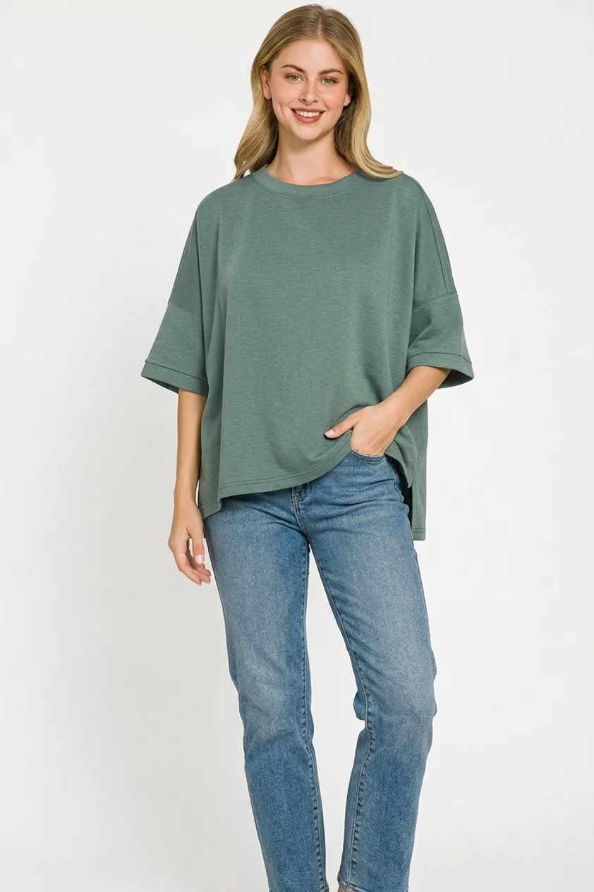 Full Size Scuba Round Neck Top With Side Slits Plus Size, image 3