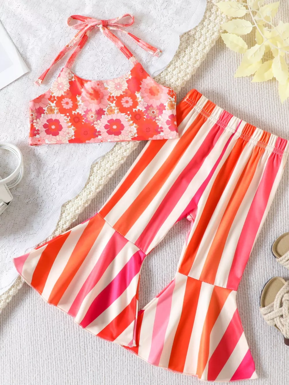 Children's Floral Print Crop Top and Striped Pants Set, image 3