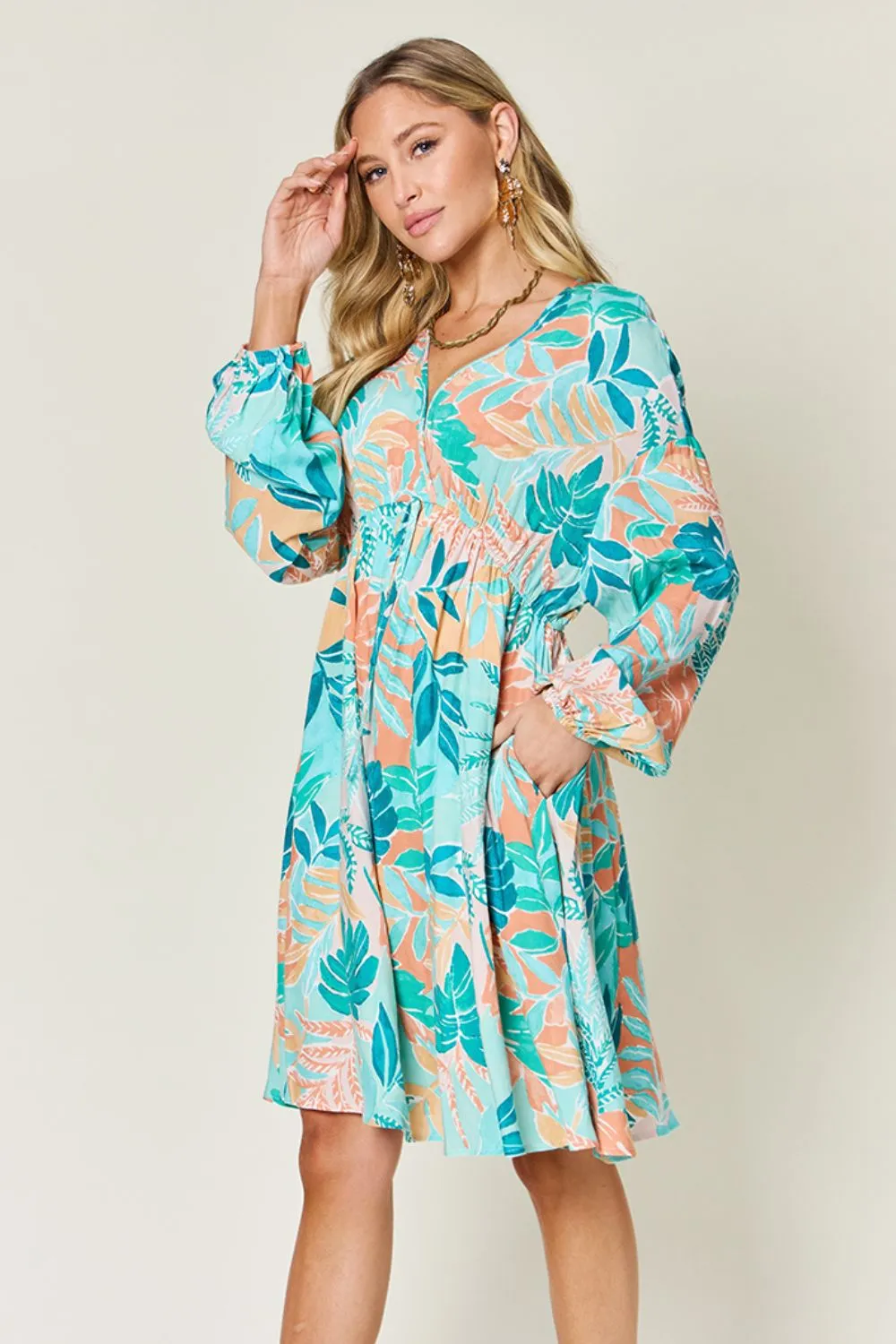 Full Size Printed V-Neck Drawstring Dress, image 7