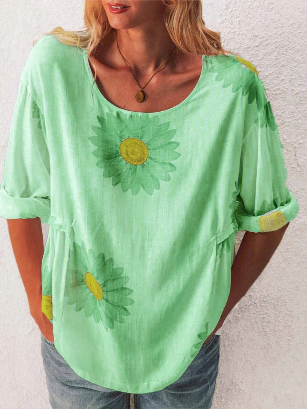 Full Size Flower Round Neck Half Sleeve T-Shirt Plus Size, image 12