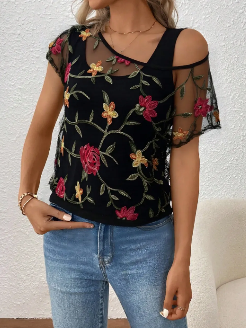 Floral Short Sleeve Sheer Top, image 3