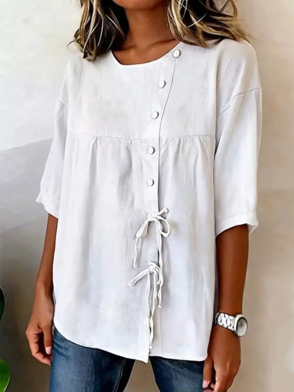 Full Size Decorative Button Tie-Front Blouse Plus Size, image 2