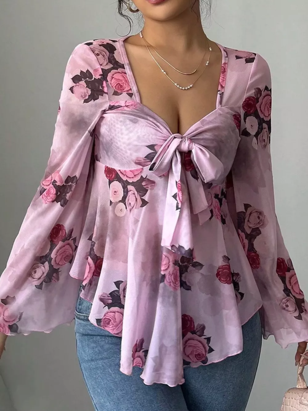 Floral Print Tie Front Flare Sleeve Blouse, image 8