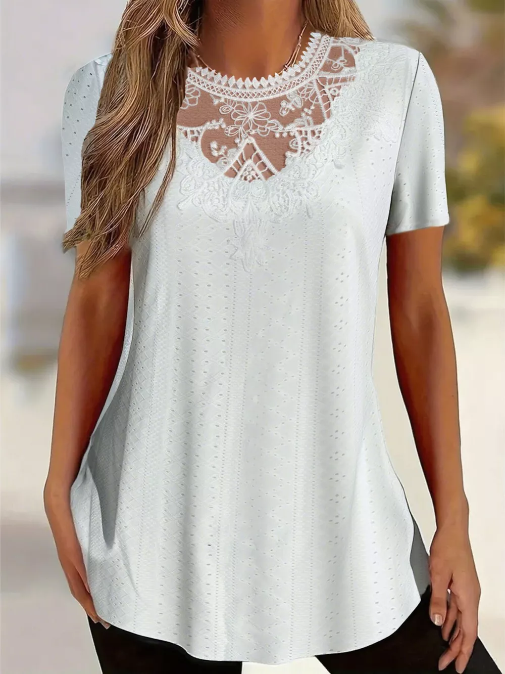 Lace Detail Eyelet Short Sleeve Top, image 2
