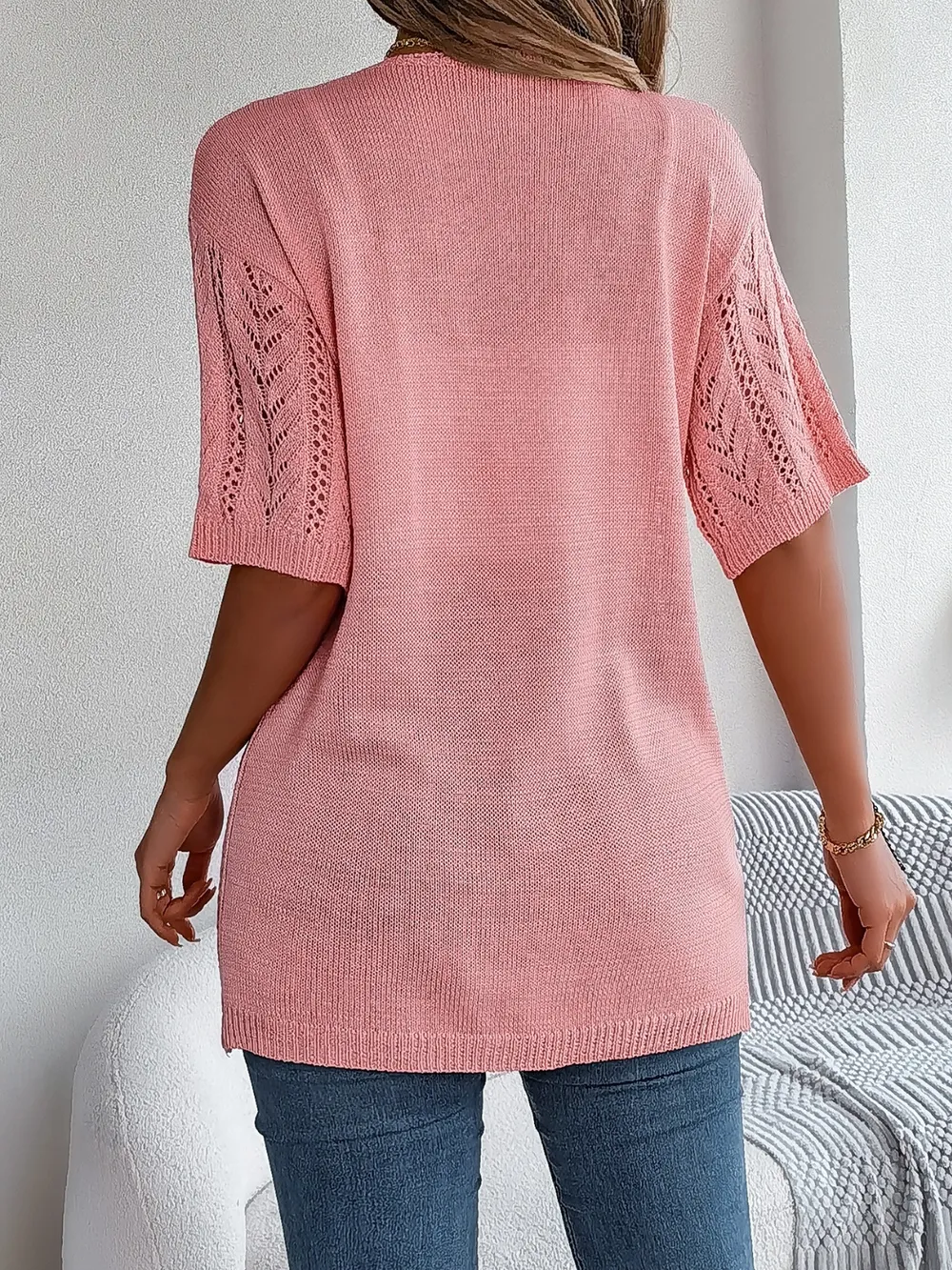 Openwork Open Front Half Sleeve Cardigan, image 10