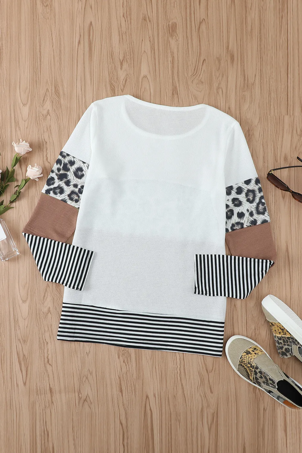 Waffle-Knit Leopard Round Neck Long Sleeve T-Shirt, image 7