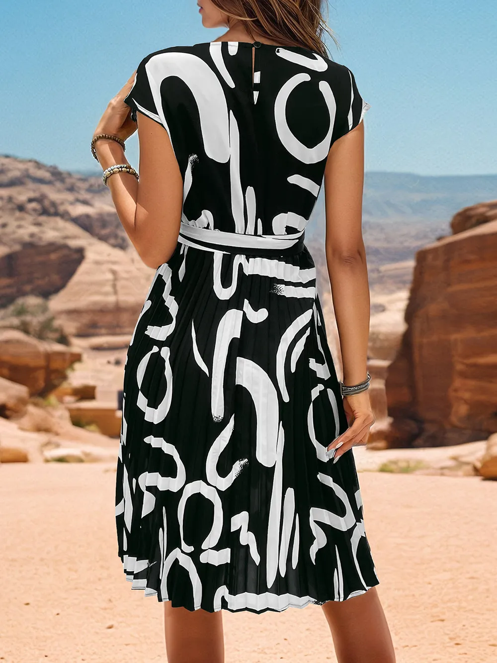Printed Cap Sleeve Tie Waist Dress, image 9
