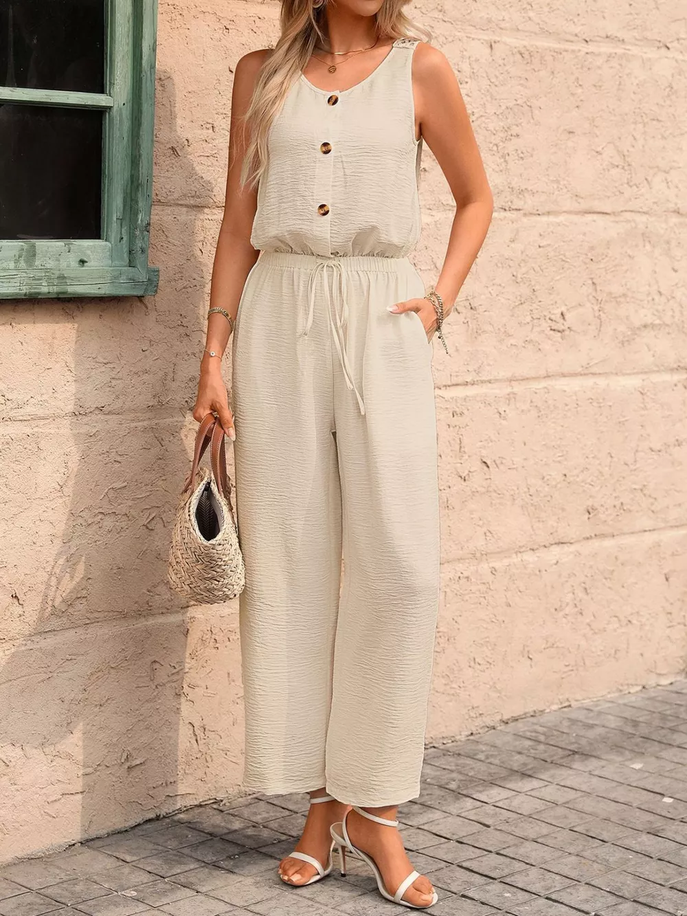 Sleeveless Button-Front Wide Leg Jumpsuit, image 10