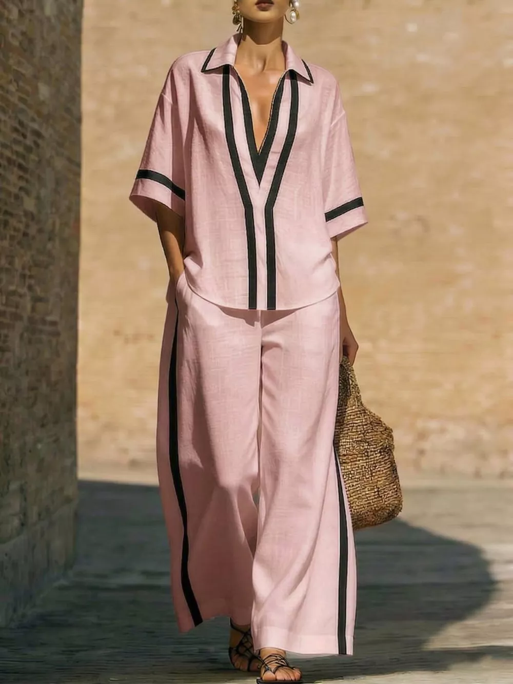 Full Size Contrast Trim Top and Pants Set Plus Size, image 8