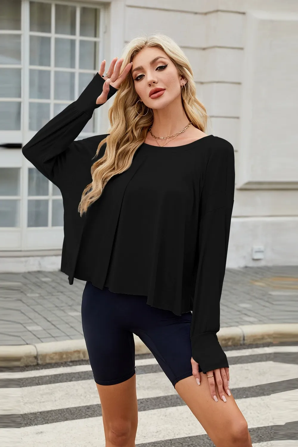 Backless Round Neck Long Sleeve T-Shirt, image 2