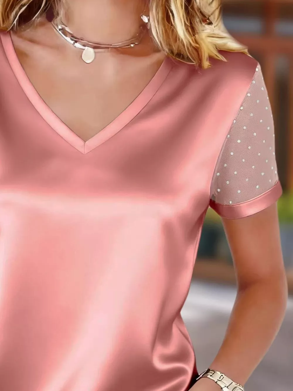 Polka Dot Mesh Sleeve Satin Short Sleeve Top, image 12
