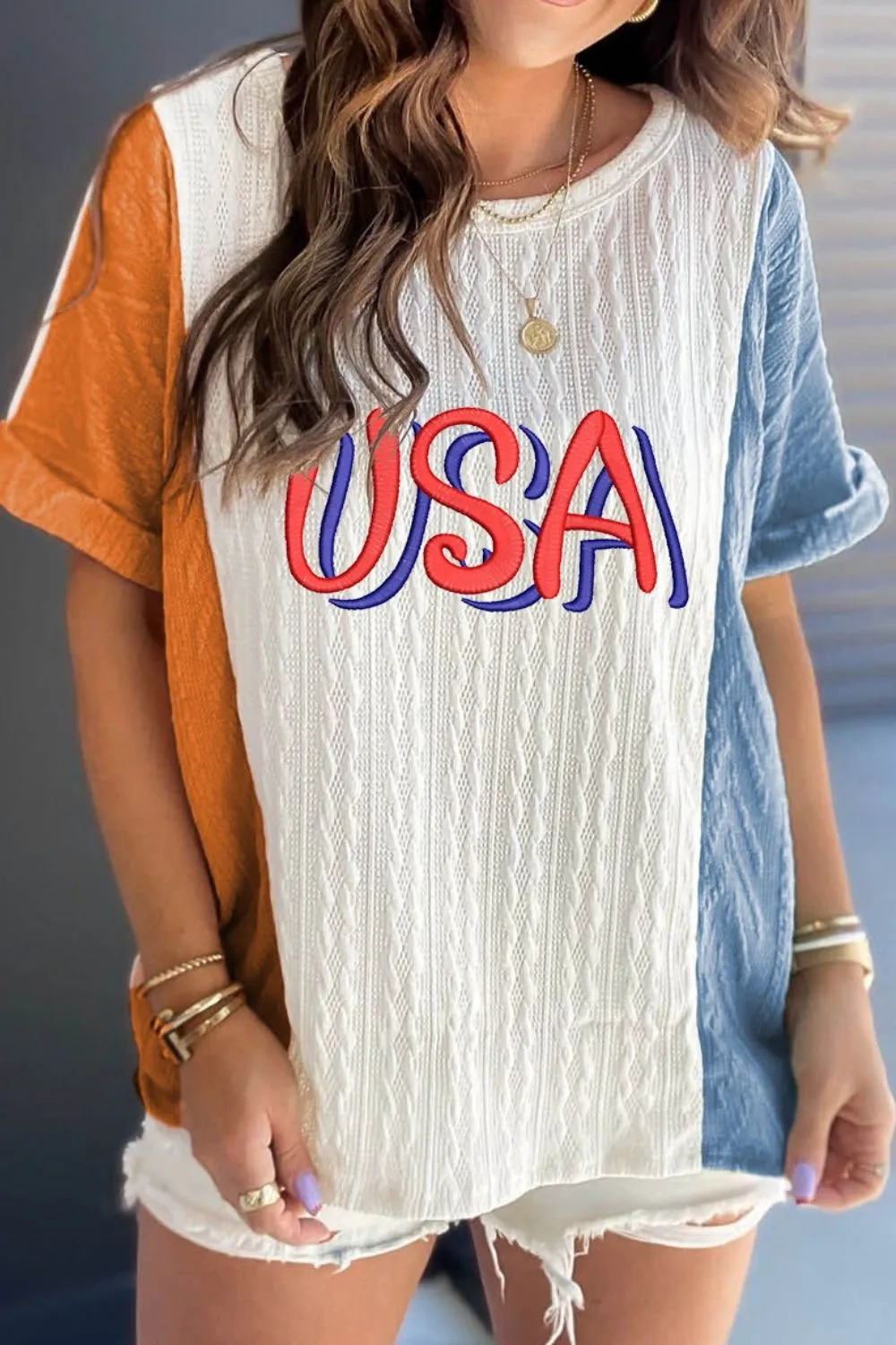 USA Embroidered Cable Textured Knit Cuffed Sleeve Color Block Tee