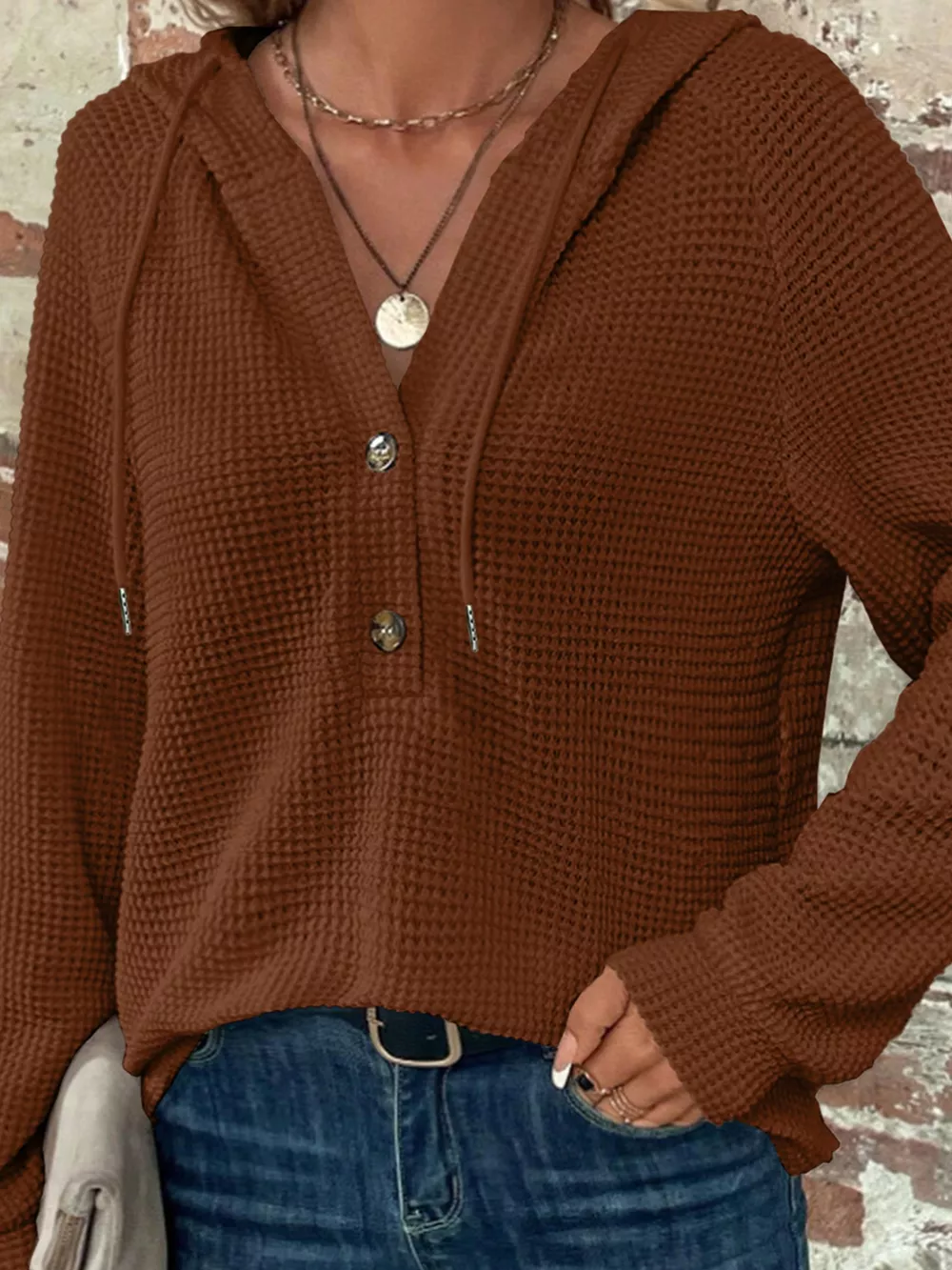 Casual Waffle Knit Button Detail Hoodie, image 8