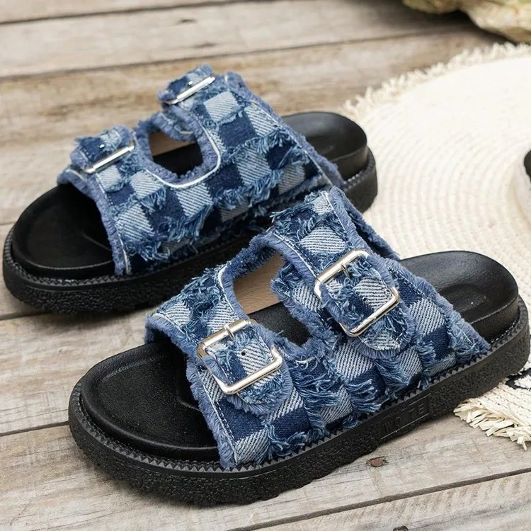 Raw Edge Checkered Cloth Buckle Sandals, image 3