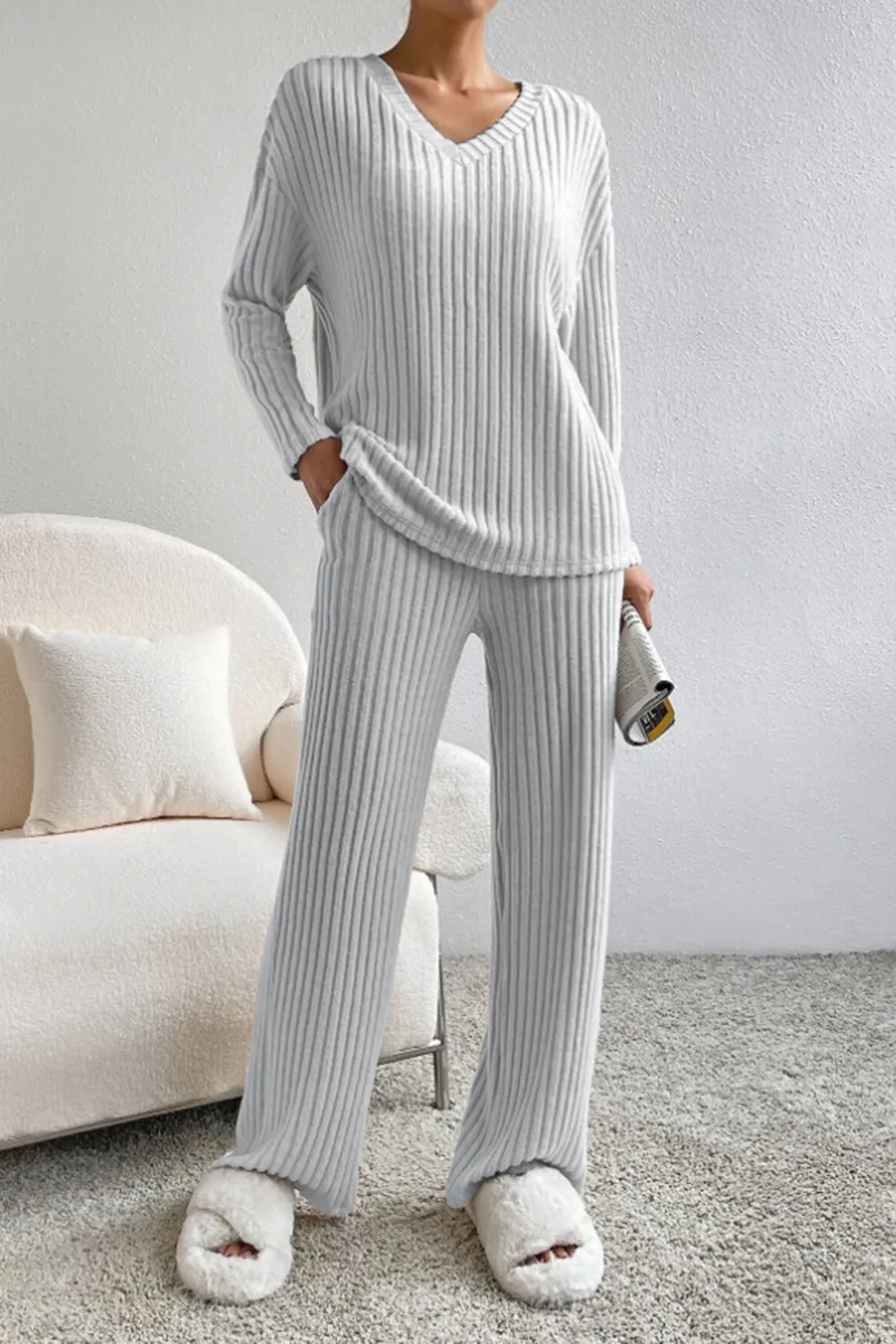 Ribbed V-Neck Top and Pants Set, image 23