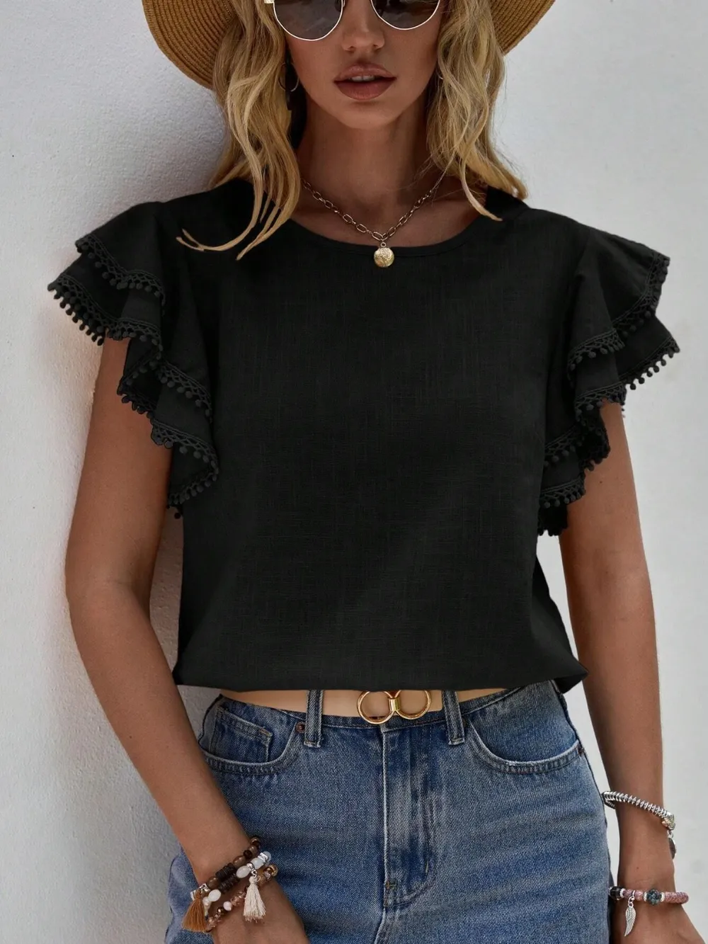 Ruffled Cap Sleeve Round Neck Blouse, image 3