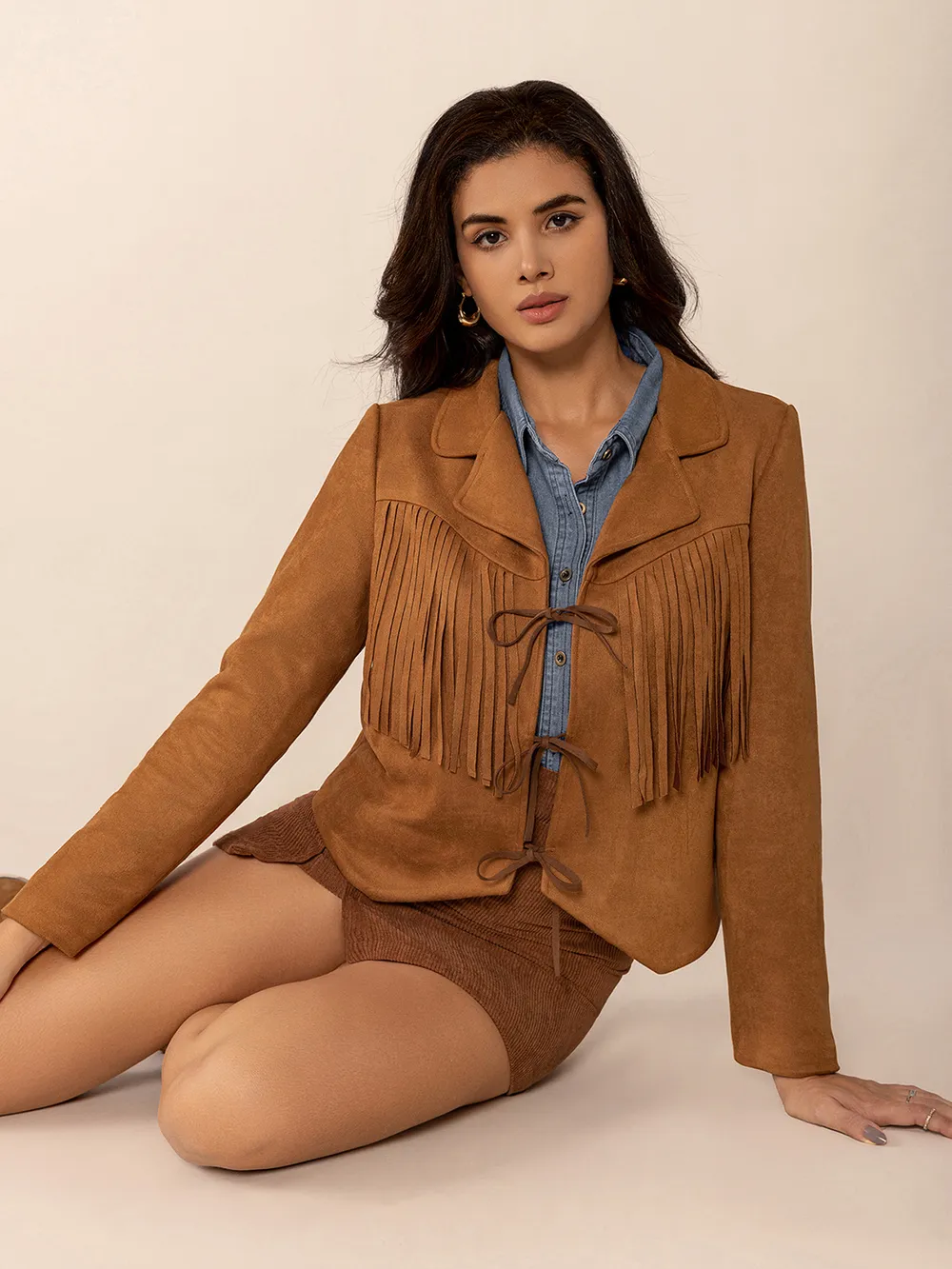Tied Tassel Collared Neck Long Sleeve Jacket, image 9