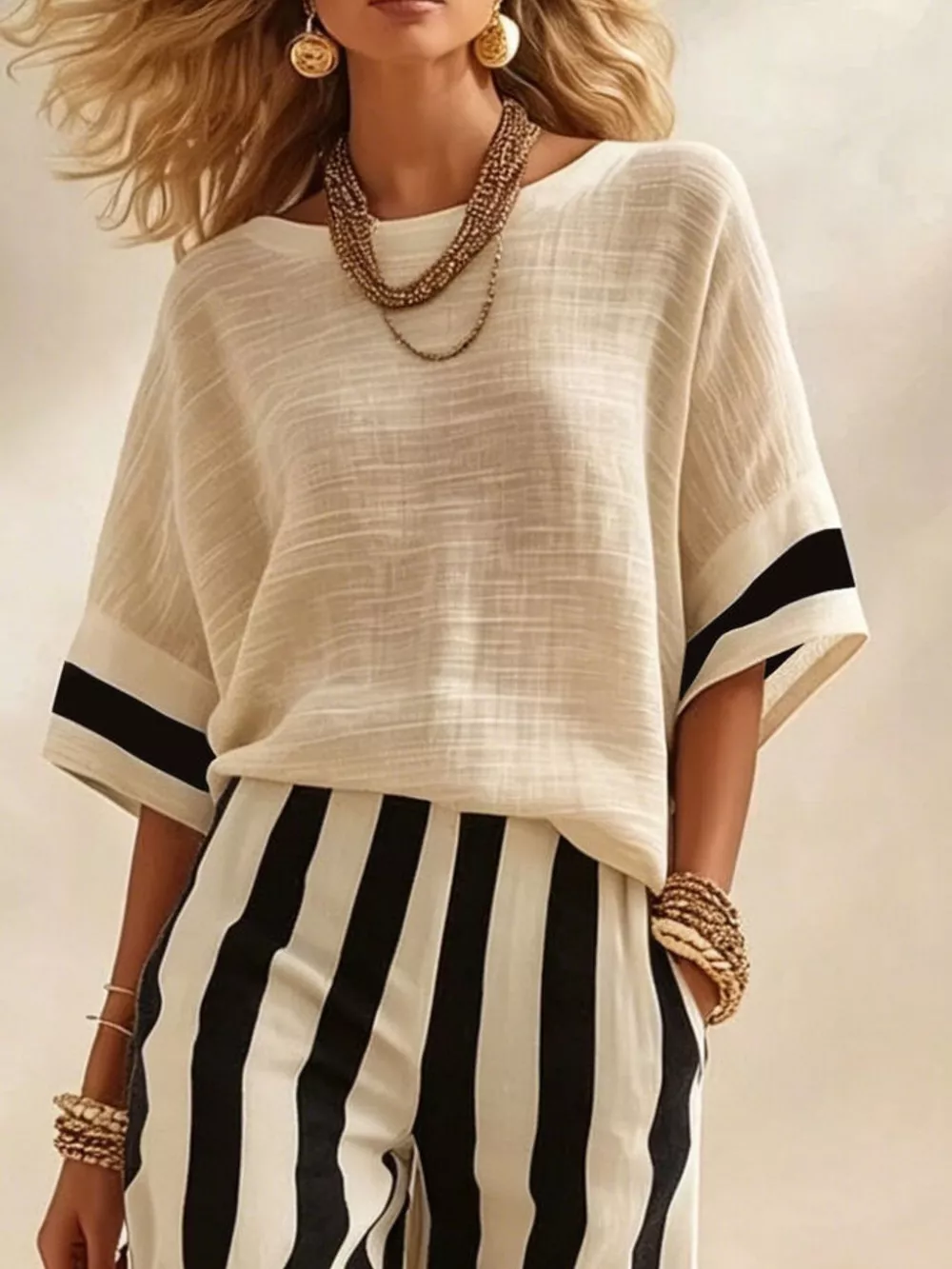 Full Size Striped Half Sleeve Top and Pants Set Plus Size, image 5